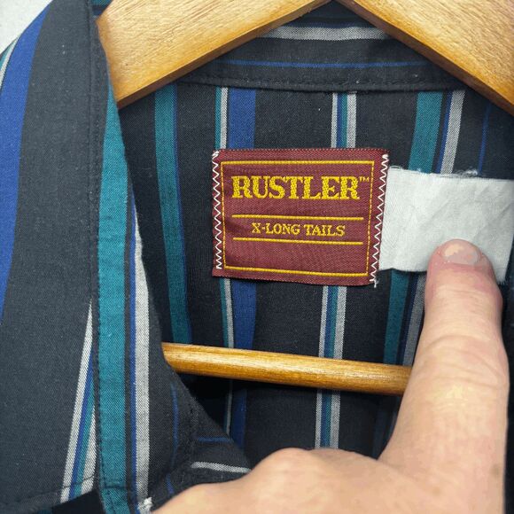Vintage Rustler Shirt Mens L Striped Western Pearl Snap X-Long Tails 90s - Picture 4 of 4